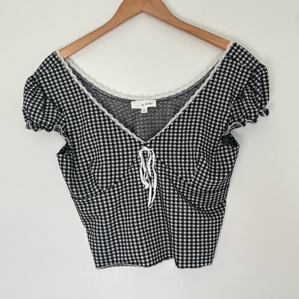 La Peche Women Black White Gingham Cottagecore Top Coquette Blouse Size Large/XL